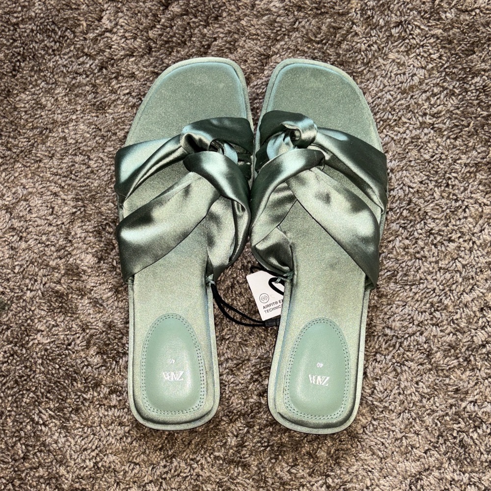 Zara Satin Knot Slide Sandals in Sage